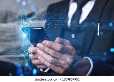 Businessman search for new opportunities, in technology business, typing smart phone background. Binary tech hologram. - Shutterstock ID 1809837952