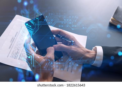 Businessman search for new opportunities, in technology business, typing smart phone background. Binary tech hologram. - Shutterstock ID 1822615643