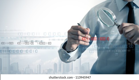 Businessman search the virus in a binary code