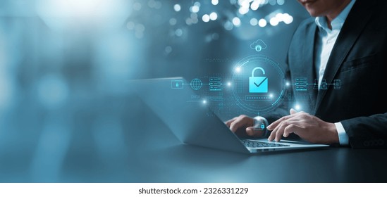 Businessman secures data with encryption and network security, protecting transactions. Cybersecurity for online business, data privacy, and defense against cyber attacks.