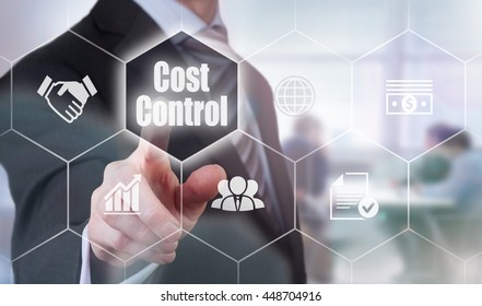 A businessman selecting a Cost Control Concept button on a clear screen.