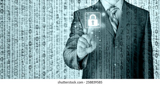 Businessman selecting a white padlock with world map on the background