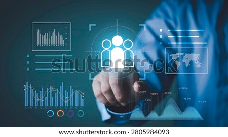 Businessman selecting workforce analytics dashboard with recruitment metrics, performance monitoring, data visualization, human resources, strategic planning, business growth and global management.