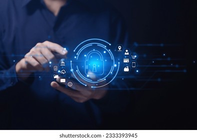 Businessman selects a lock icon on a virtual display. Internet network security concept, website connection. to prevent hackers from cyber attacks Digital technology, user privacy encryption - Shutterstock ID 2333393945