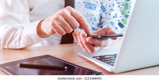 Businessman sending bulk text messages from from business office, selective focus