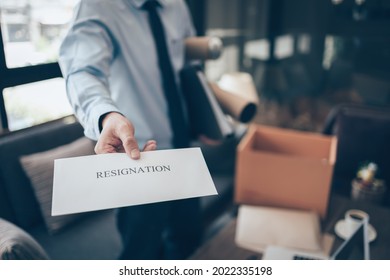 Businessman Sending And Showing Resignation Letter To Employer Boss. Quitting A Job, Businessman Fired Or Leave A Job Concept.