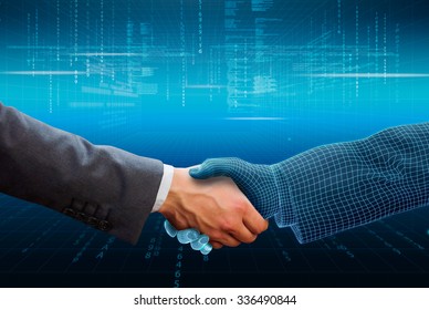 businessman shaking hand with 3d wireframe hand