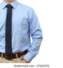 Businessman In Shirt With Tie And Jeans With Hand In Pocket On A White Background