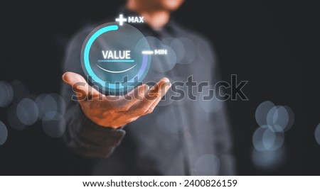 Businessman show circle  bar info graphic technology background. Increase value, growth value, company value added or business growth concept. Sale digital marketing leadership success target idea.