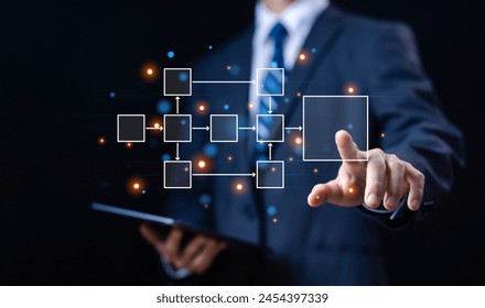 businessman show diagram algorithm flow, organigram, and hierarchy scheme. design workflow automation with flowcharts. model structure digital and data management and Business process