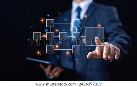 businessman show diagram algorithm flow, organigram, and hierarchy scheme. design workflow automation with flowcharts. model structure digital and data management and Business process