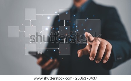 businessman show diagram algorithm flow, organigram, and hierarchy scheme. design workflow automation with flowcharts. model structure digital and data management and Business process