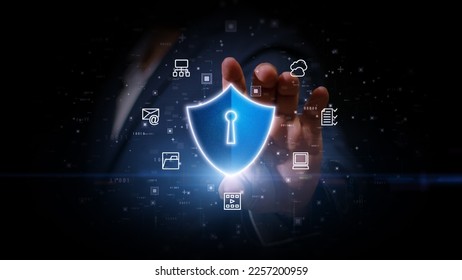 Businessman Show Shield Icon Cyber Security, Digital Data Protection, Future Technology Digital Data Network Connection, Technology Abstract Background Concept