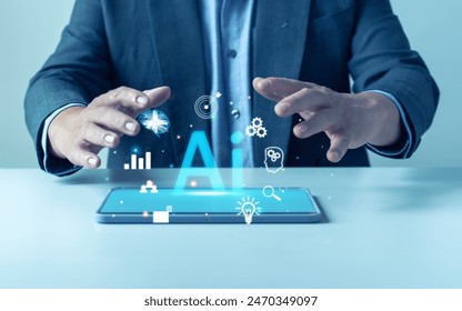 Businessman show virtual graphic Global Internet connect, Artificial Intelligence, using command. Chatbot for generates something, Futuristic technology transformation chatbot Chat with AI. - Powered by Shutterstock - Get 15% off with code: PIKWIZARD15