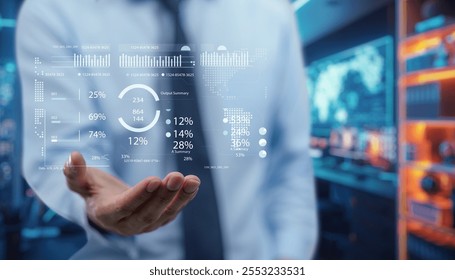 A businessman showcases an advanced digital data visualization on a transparent screen. This image symbolizes the integration of technology in decision-making processes, 
