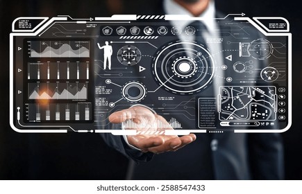 A businessman showcases a futuristic digital interface that represents data analysis and technology innovation in a modern corporate setting, highlighting business strategy.