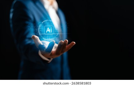 Businessman showing AI technology analyzing financial data stock market. Document data management on network, cyber security, digital transformation. AI learning and business artificial intelligence.