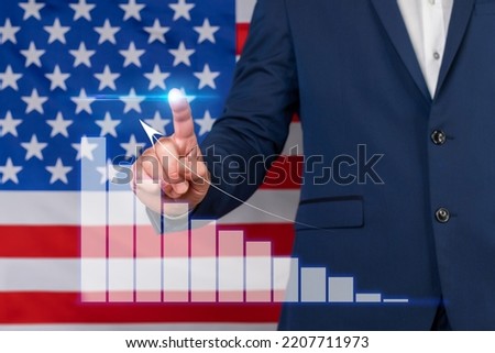 Businessman showing an ascending chart with the US flag in the background. Rising mortgages, rising prices and interest rates. Growing economy