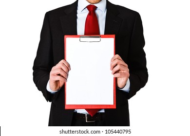 Businessman showing a blank sheet of paper