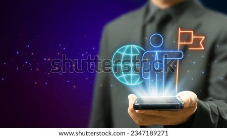 Businessman showing glowing neon line of businessman holding flag with global icon. Business concept of victory, success, goal achiever, win, best worker, top employee and leadership.