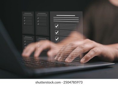Businessman showing online document validation icon, Concepts of practices and policies, company articles of association Terms and Conditions, regulations and legal advice, corporate policy