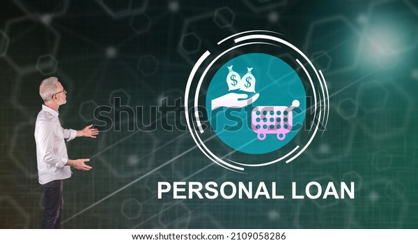 Businessman showing a personal loan concept on a\
wall screen