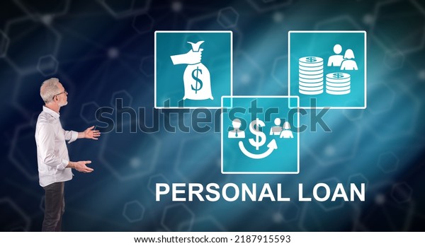 Businessman showing a personal loan concept on a\
wall screen