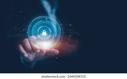 A Businessman showing secure Internet access, secure access to user personal information,  information security and encryption, cybersecurity. Cybersecurity internet networking, data privacy concepts. - Powered by Shutterstock - Get 15% off with code: PIKWIZARD15