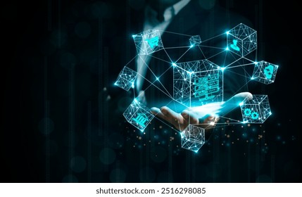businessman showing a smart contract and executing a cryptocurrency transaction with blockchain technology. The transaction is secure and transparent, and there are other people in the background.