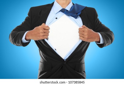 Businessman Showing A Superhero Suit Underneath His Suit