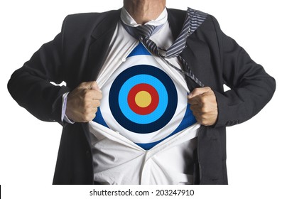 Businessman showing a target under his shirt, isolated on white background