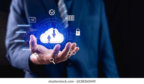 Businessman showing virtual cloud computing system for uploading, downloading data on network sever and applications, technology data transformation concept data transfer. - Powered by Shutterstock - Get 15% off with code: PIKWIZARD15