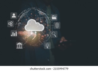 Businessman Showing Virtual Cloud Icon On Hand, Concept Of Big Data Access, Global Network Connection, Data Search, Use Of Computing Resources To Make Transactions With Internet Technology Online.