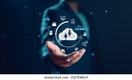 Businessman showing virtual glowing cloud computing to download and loading data information and upload on system network application. Technology data transformation concept, data transfer. - Powered by Shutterstock - Get 15% off with code: PIKWIZARD15