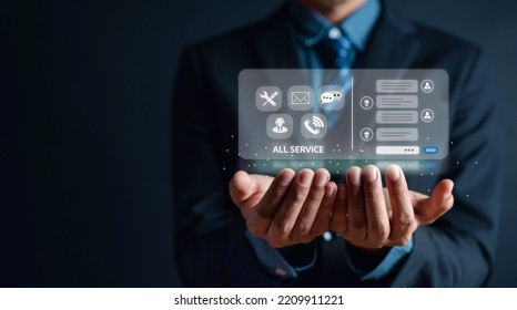 Businessman Showing Virtual Screen Interface Contact Icons Service And Chat Bot. Contact Us Or Customer Support Hotline People Connect. ( Email, Address, Live Chat, Internet Wifi )