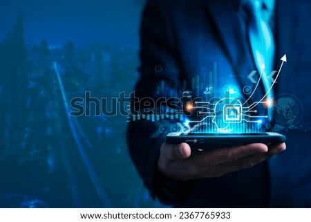 Businessman is shown holding a smartphone with a virtual display of blockchain technology, strategic planning featuring a graph depicting the remarkable growth of a business enhanced with AI