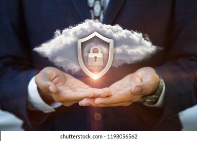 Businessman Shows A Security System Of The Cloud Data .