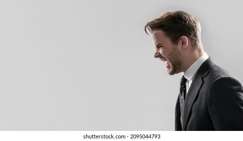 Businessman Sideway Shout Angry Grey Background Copy Space, Anger