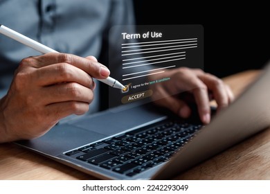 Businessman Sign Terms of use concept, reading terms and conditions of website or service before clicking button agree. Terms and conditions of contract