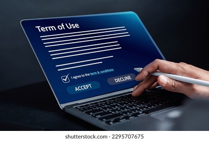 Businessman Sign Terms of use concept, reading terms and conditions of website or service before clicking button agree. Terms and conditions of contract