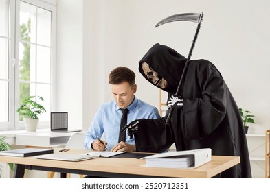 Businessman signing a contract with the grim reaper in an office, symbolizing the selling of his soul. This eerie reaper scythe and devilish presence, capturing the essence of death.