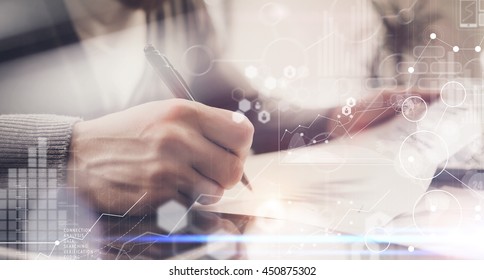 Businessman Signing Contract Pen.Project Manager Researching Process.Business Team Working Startup modern Office.Global Strategy Virtual Icon.Innovation Graphs Interfaces.Analyze market stock.Blurred