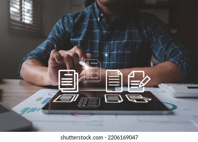 Businessman Signs An Electronic Document On Tablet Management Online Documentation Database Digital File Storage System Software Records Keeping Database Technology File Access Doc Sharing.	