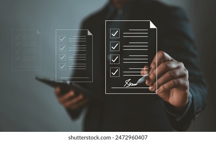 businessman signs form agreement online technology. concept of document electronic smart contract, signature on form agreement digital. used signature in transaction business, bank