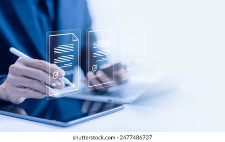 businessman signs used signature in the transaction business on a laptop. concept of document electronic, form agreement smart contract agreement bank on technology digital online - Powered by Shutterstock