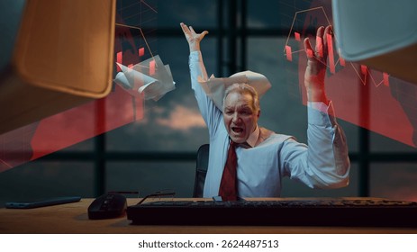 Businessman sitting at desk in dimly lit office, yelling with hands raised and crumpled papers, computer screens displaying red graphs indicating sharp decline. Concept of business, crisis.