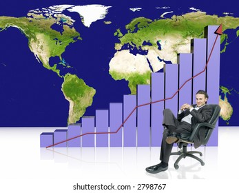 businessman is sitting in front of increasing profits graph
