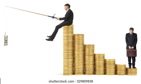 Businessman sitting on stack of coins rock and fishing