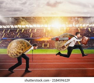 Businessman slow like a snail runs fast thanks to rockets