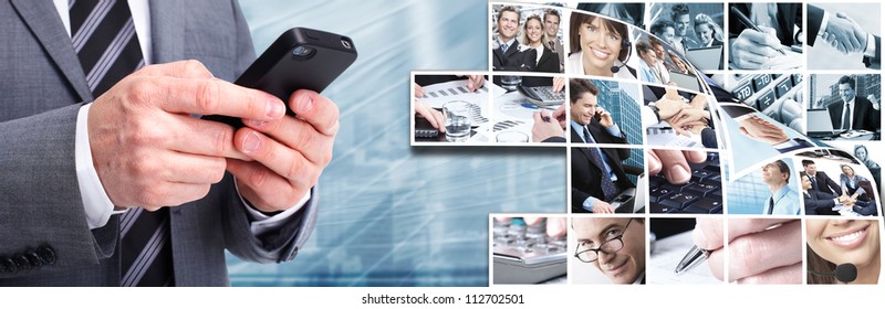 Businessman with a smartphone. Business techno background.